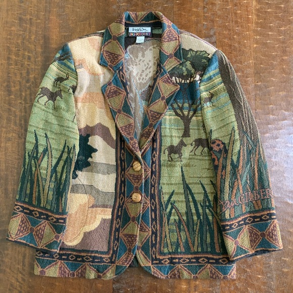 VTG It’s In The Bag Unge- Potch-Ket African Safari Animals Tapestry Blazer - Picture 5 of 11
